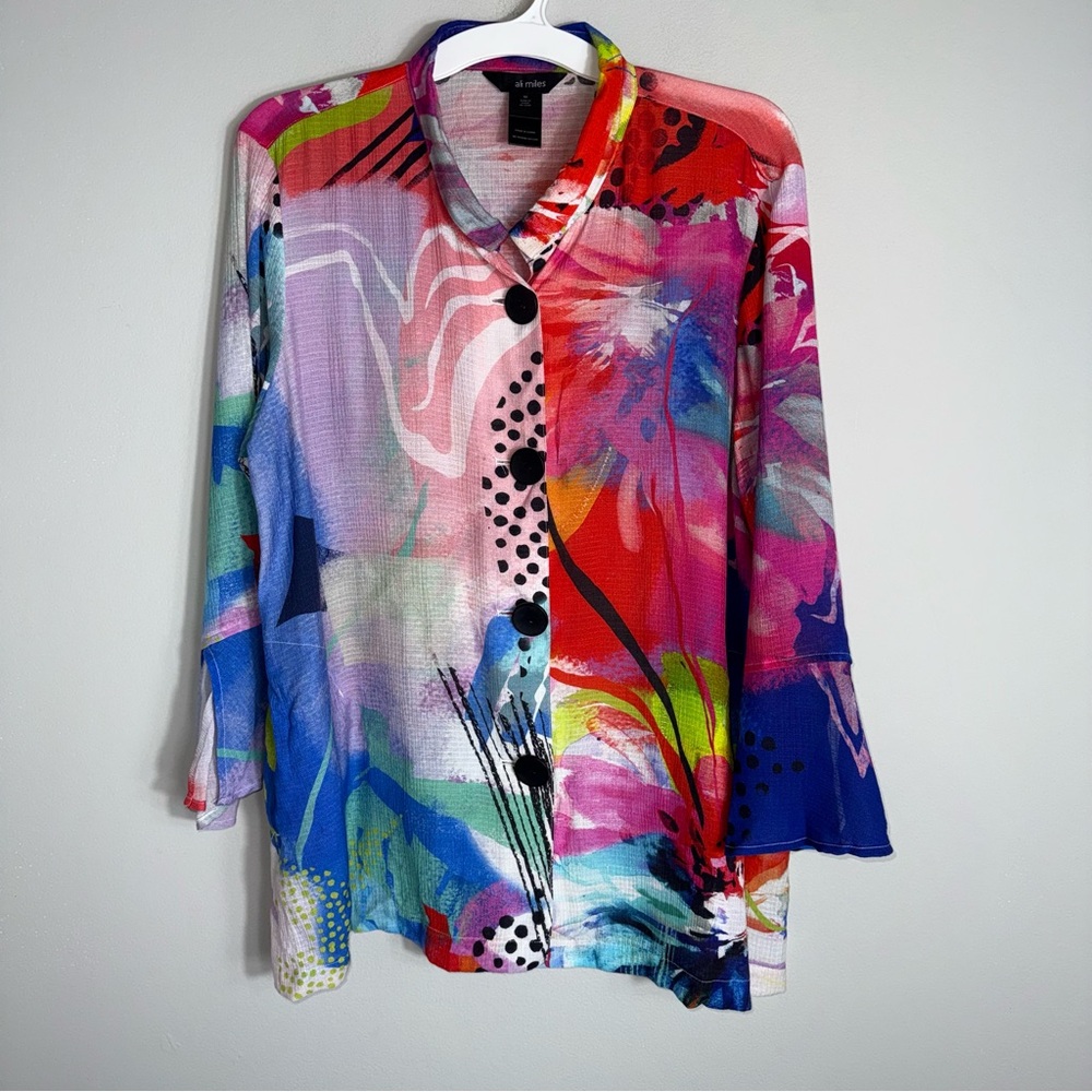 Ali Miles Button Front Tunic Blouse Top-Art to Wear-Multicolor-Medium - Picture 2 of 10